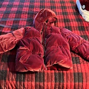 Burgundy velvet puffer coat